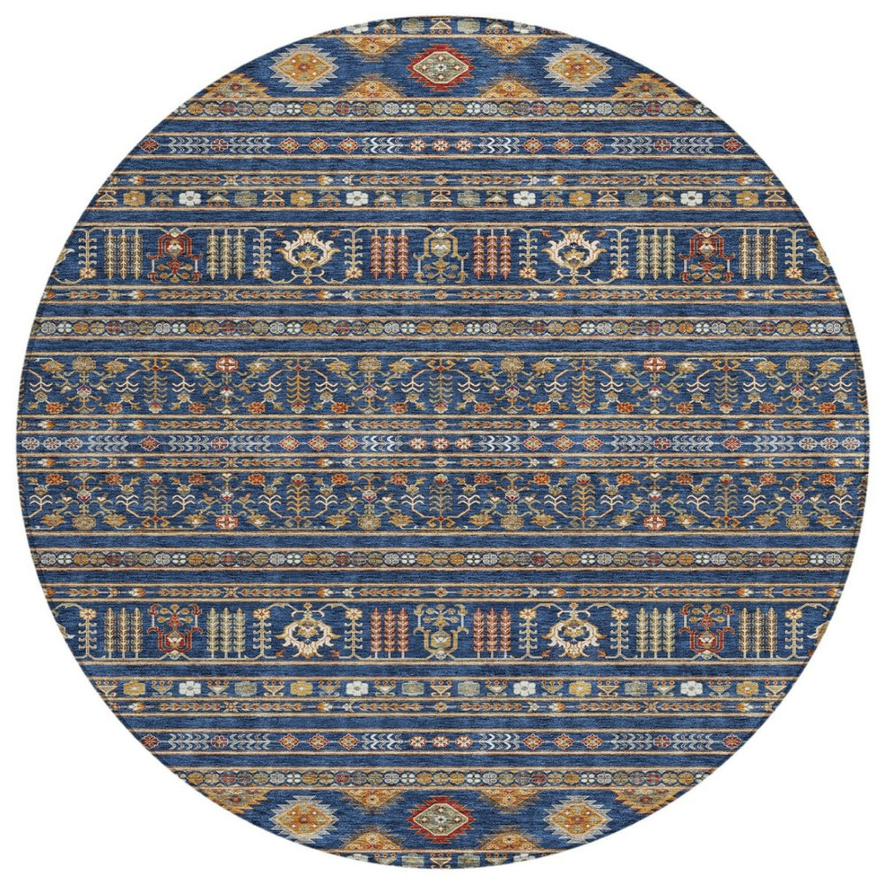 HomeRoots 8' Round Tribal Area Rug in Navy Blue, Copper & Gold - Washable, Durable for Indoor/Outdoor Use 640054