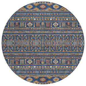 HomeRoots 8' Round Tribal Area Rug in Navy Blue, Copper & Gold - Washable, Durable for Indoor/Outdoor Use 640054