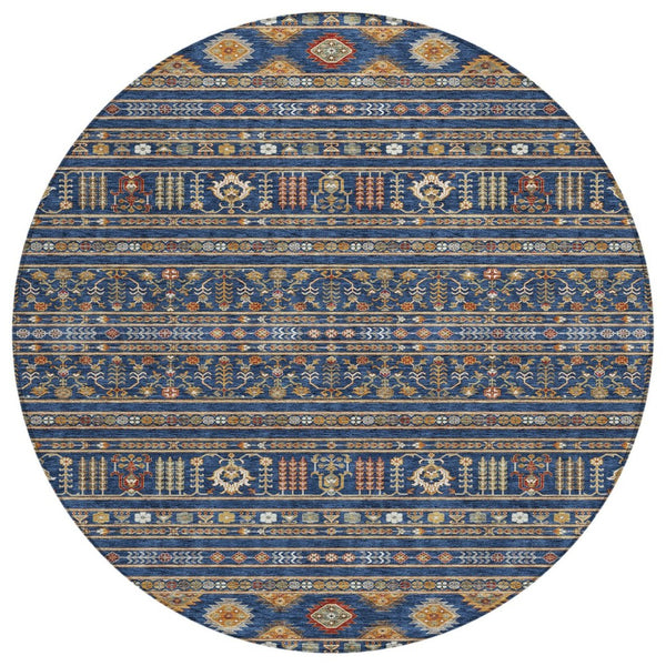 HomeRoots 8' Round Tribal Area Rug in Navy Blue, Copper & Gold - Washable, Durable for Indoor/Outdoor Use 640054