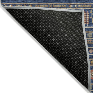 HomeRoots 8' Round Tribal Area Rug in Navy Blue, Copper & Gold - Washable, Durable for Indoor/Outdoor Use 640054