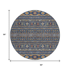 HomeRoots 8' Round Tribal Area Rug in Navy Blue, Copper & Gold - Washable, Durable for Indoor/Outdoor Use 640054