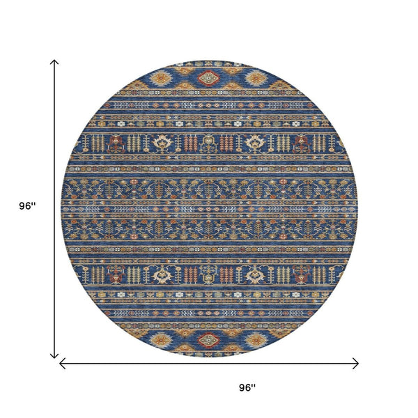 HomeRoots 8' Round Tribal Area Rug in Navy Blue, Copper & Gold - Washable, Durable for Indoor/Outdoor Use 640054
