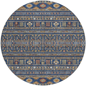 HomeRoots 8' Round Tribal Area Rug in Navy Blue, Copper & Gold - Washable, Durable for Indoor/Outdoor Use 640054