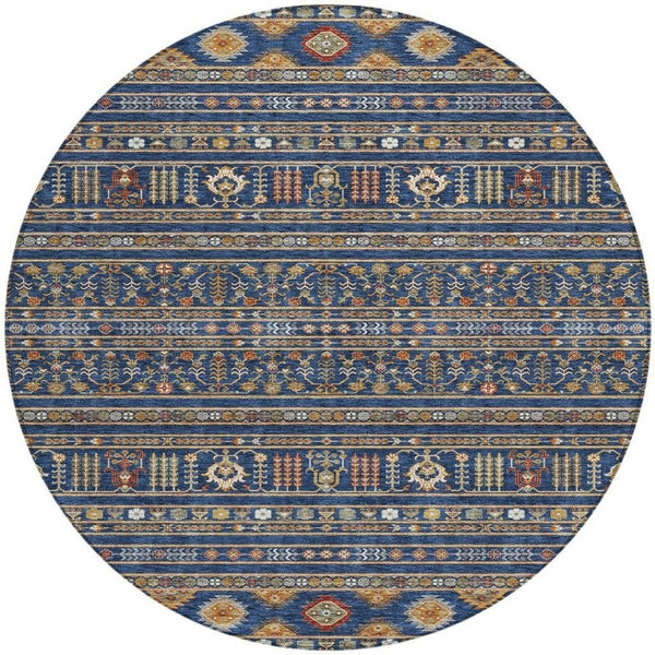 HomeRoots 8' Round Tribal Area Rug in Navy Blue, Copper & Gold - Washable, Durable for Indoor/Outdoor Use 640054
