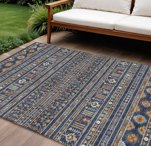 HomeRoots 8' X 10' Washable Tribal Area Rug in Navy Blue, Copper & Gold – Indoor/Outdoor Durability & Style! 640055