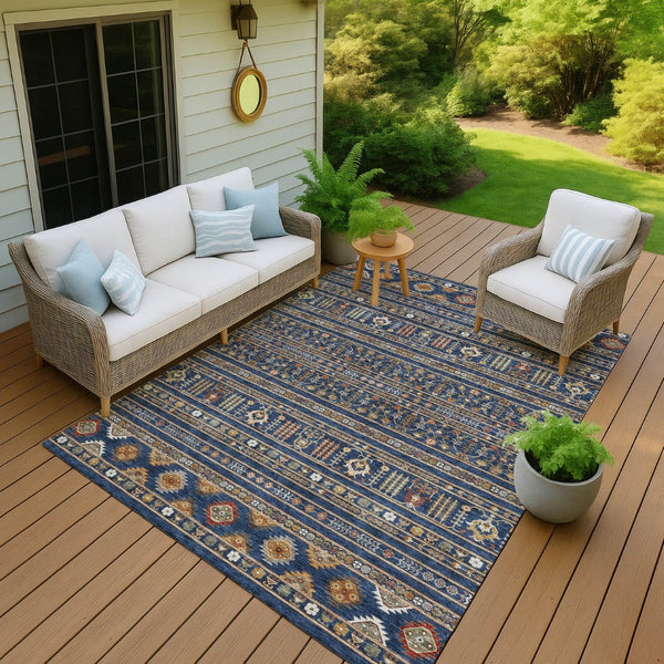 HomeRoots 8' X 10' Washable Tribal Area Rug in Navy Blue, Copper & Gold – Indoor/Outdoor Durability & Style! 640055