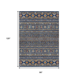 HomeRoots 8' X 10' Washable Tribal Area Rug in Navy Blue, Copper & Gold – Indoor/Outdoor Durability & Style! 640055