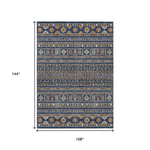HomeRoots 9' X 12' Navy Blue Copper Gold Tribal Rug - Durable, Washable, Ideal for Indoor & Outdoor Spaces 640056