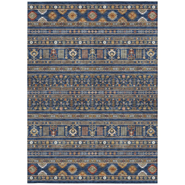 HomeRoots 9' X 12' Navy Blue Copper Gold Tribal Rug - Durable, Washable, Ideal for Indoor & Outdoor Spaces 640056