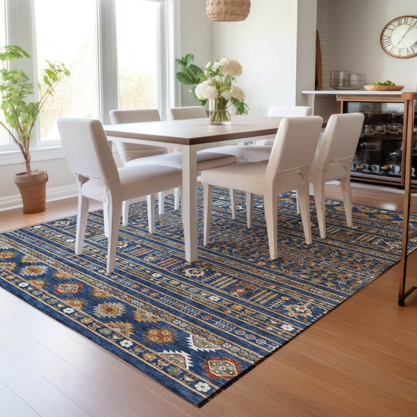 HomeRoots 9' X 12' Navy Blue Copper Gold Tribal Rug - Durable, Washable, Ideal for Indoor & Outdoor Spaces 640056