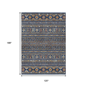 HomeRoots 10' X 14' Navy Blue Tribal Area Rug – Stylish, Washable, Durable for Indoor & Outdoor High-Traffic Spaces 640057