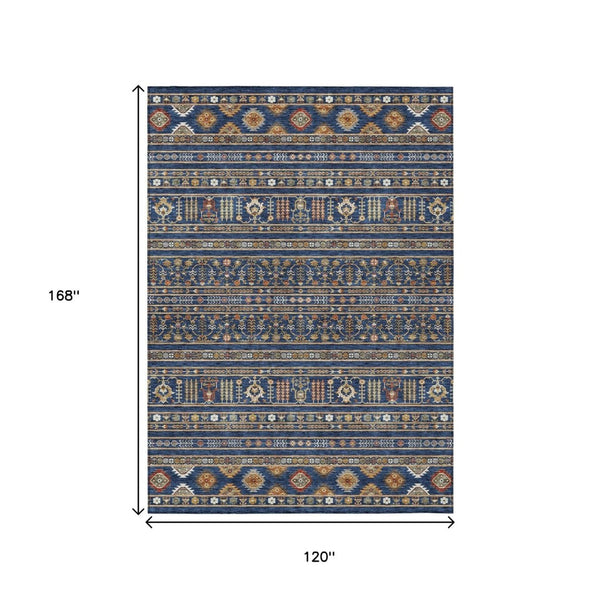 HomeRoots 10' X 14' Navy Blue Tribal Area Rug – Stylish, Washable, Durable for Indoor & Outdoor High-Traffic Spaces 640057
