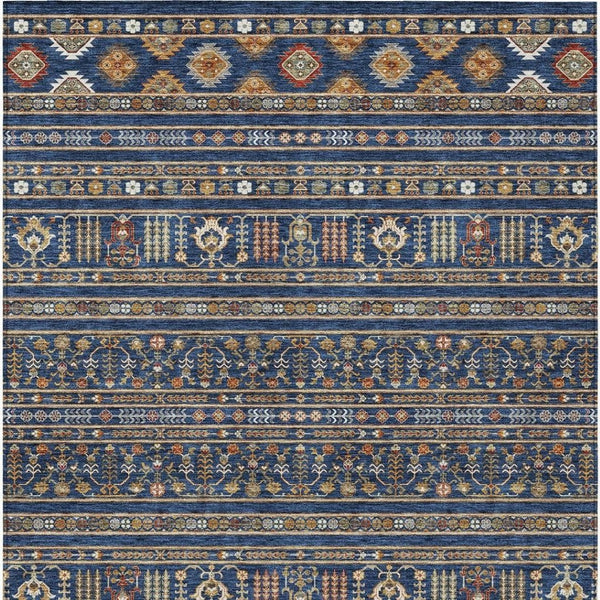 HomeRoots 10' X 14' Navy Blue Tribal Area Rug – Stylish, Washable, Durable for Indoor & Outdoor High-Traffic Spaces 640057