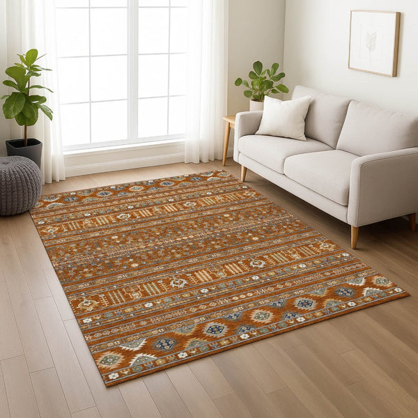 HomeRoots 5' X 8' Tribal Washable Area Rug in Rust, Blue, and Ivory – Durable Indoor/Outdoor Decor Solution! 640059