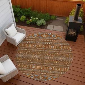 HomeRoots 8' Round Tribal Area Rug in Rust, Blue & Ivory - Washable, Durable, Perfect for Indoor & Outdoor Use 640060