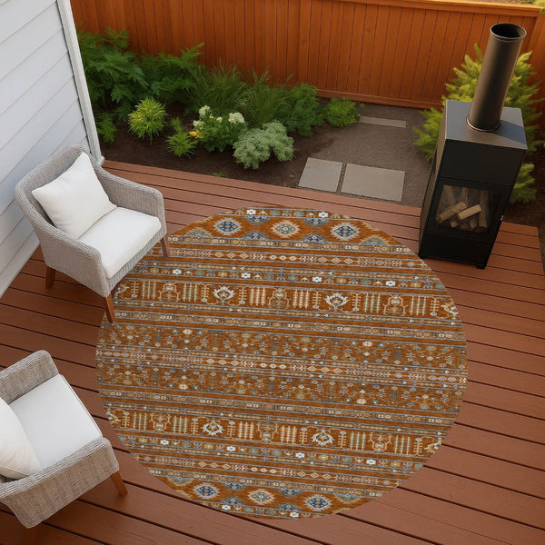 HomeRoots 8' Round Tribal Area Rug in Rust, Blue & Ivory - Washable, Durable, Perfect for Indoor & Outdoor Use 640060