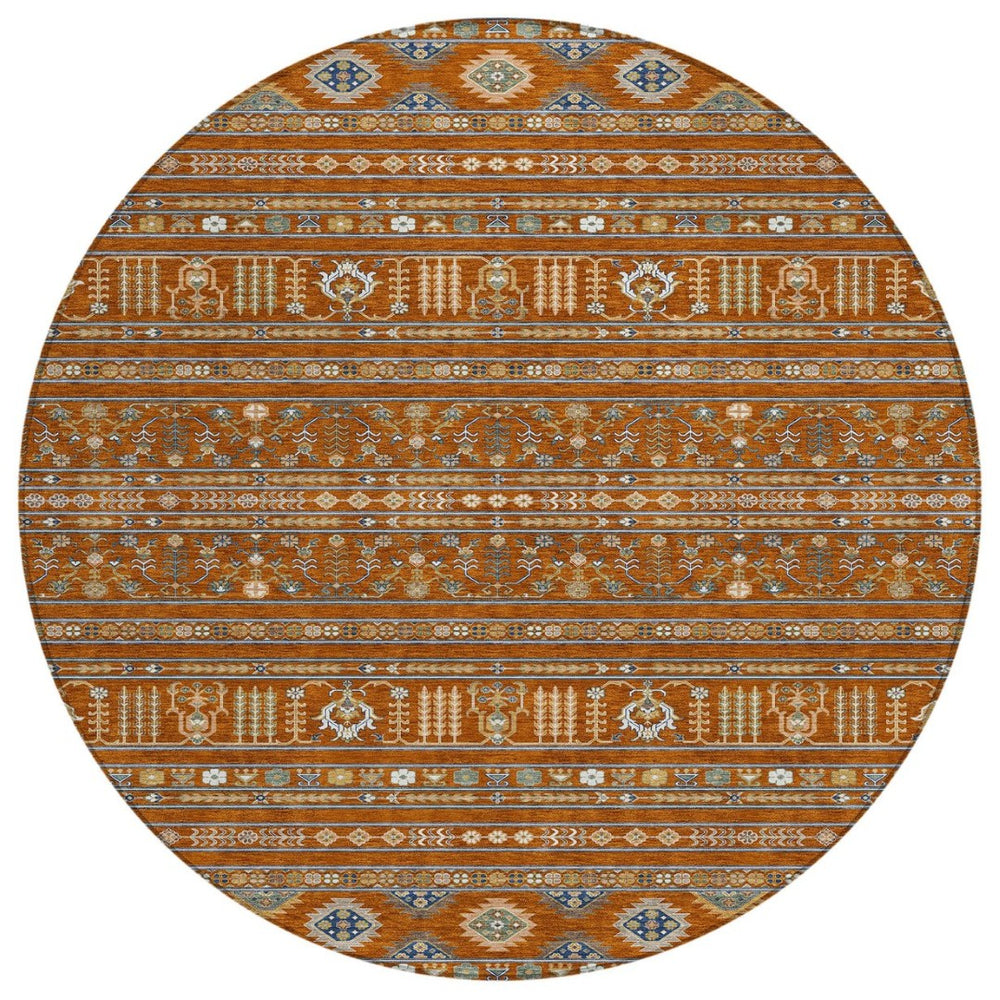 HomeRoots 8' Round Tribal Area Rug in Rust, Blue & Ivory - Washable, Durable, Perfect for Indoor & Outdoor Use 640060
