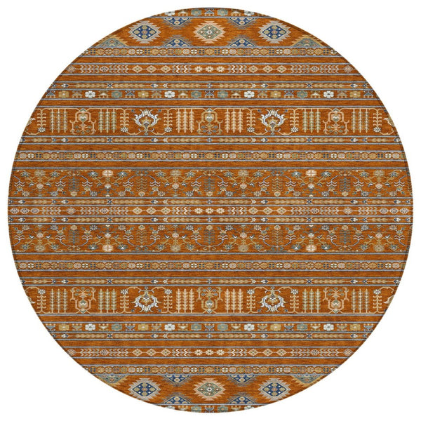HomeRoots 8' Round Tribal Area Rug in Rust, Blue & Ivory - Washable, Durable, Perfect for Indoor & Outdoor Use 640060