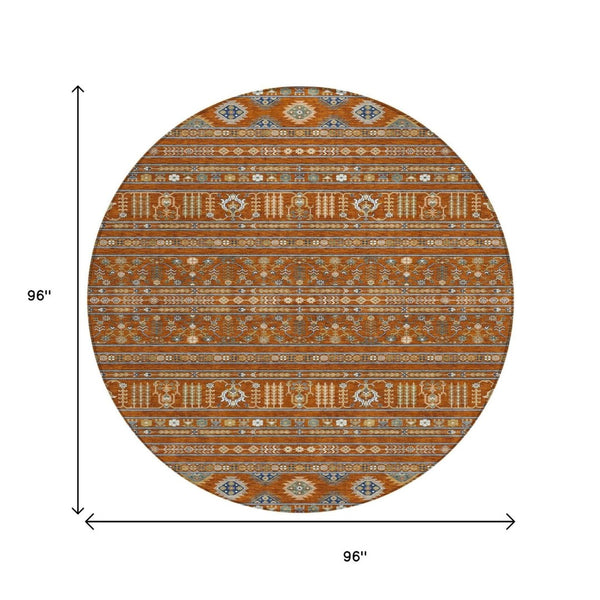 HomeRoots 8' Round Tribal Area Rug in Rust, Blue & Ivory - Washable, Durable, Perfect for Indoor & Outdoor Use 640060