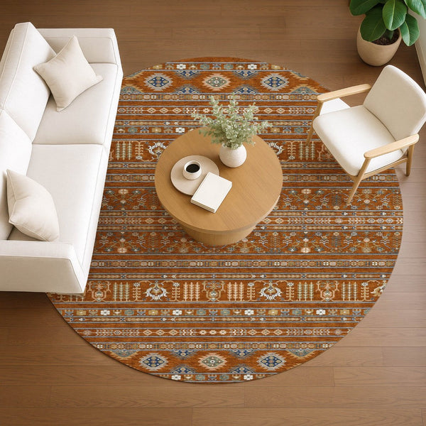 HomeRoots 8' Round Tribal Area Rug in Rust, Blue & Ivory - Washable, Durable, Perfect for Indoor & Outdoor Use 640060