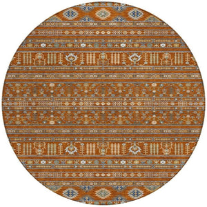 HomeRoots 8' Round Tribal Area Rug in Rust, Blue & Ivory - Washable, Durable, Perfect for Indoor & Outdoor Use 640060