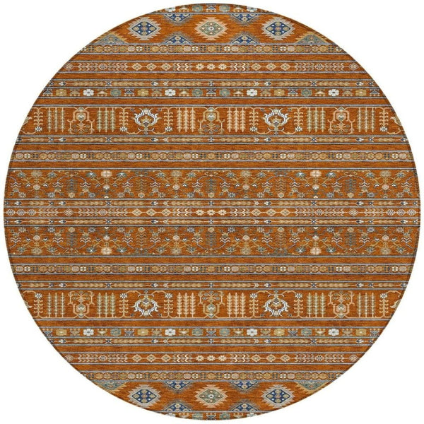 HomeRoots 8' Round Tribal Area Rug in Rust, Blue & Ivory - Washable, Durable, Perfect for Indoor & Outdoor Use 640060
