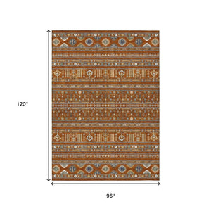 HomeRoots 8' X 10' Tribal Area Rug in Rust, Blue & Ivory - Washable, Durable for Indoor & Outdoor Spaces 640061