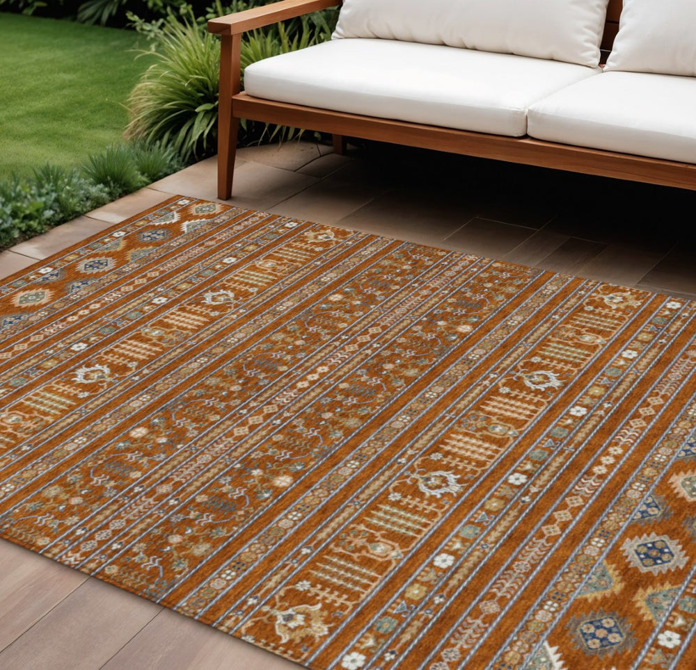HomeRoots 10' X 14' Stylish Rust Blue Ivory Tribal Washable Area Rug for Indoor & Outdoor High-Traffic Spaces 640063