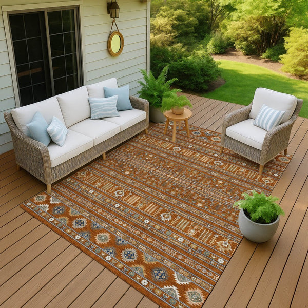 HomeRoots 10' X 14' Stylish Rust Blue Ivory Tribal Washable Area Rug for Indoor & Outdoor High-Traffic Spaces 640063