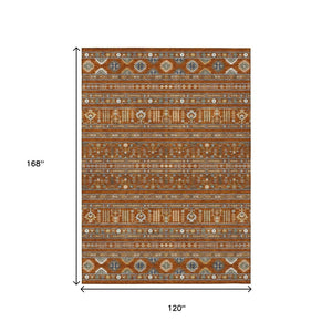 HomeRoots 10' X 14' Stylish Rust Blue Ivory Tribal Washable Area Rug for Indoor & Outdoor High-Traffic Spaces 640063