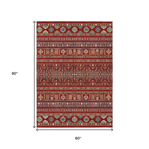 HomeRoots 5' Vibrant Red, Gold & Blue Tribal Washable Area Rug for Indoor & Outdoor High-Traffic Spaces 640065