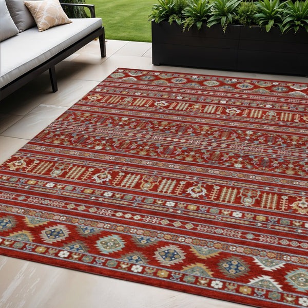 HomeRoots 5' Vibrant Red, Gold & Blue Tribal Washable Area Rug for Indoor & Outdoor High-Traffic Spaces 640065