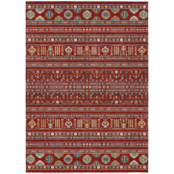 HomeRoots 5' Vibrant Red, Gold & Blue Tribal Washable Area Rug for Indoor & Outdoor High-Traffic Spaces 640065