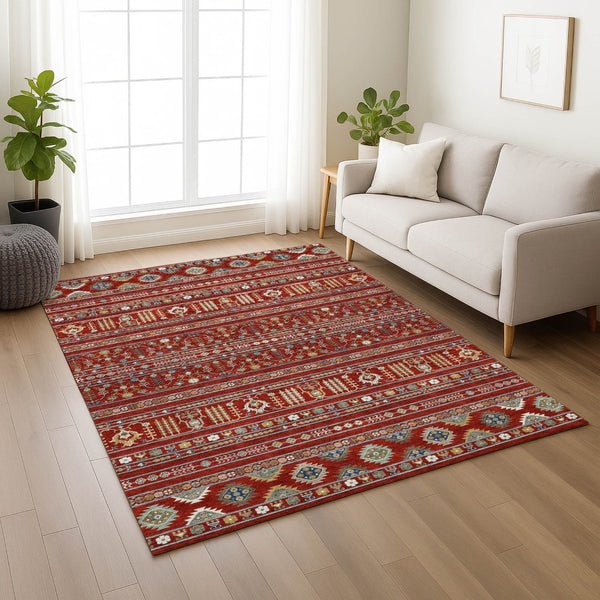 HomeRoots 5' Vibrant Red, Gold & Blue Tribal Washable Area Rug for Indoor & Outdoor High-Traffic Spaces 640065