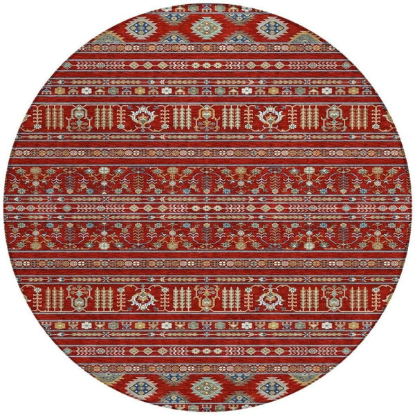 HomeRoots 8' Vibrant Red, Gold & Blue Round Tribal Area Rug - Washable, Indoor/Outdoor, Stain-Resistant Style 640066