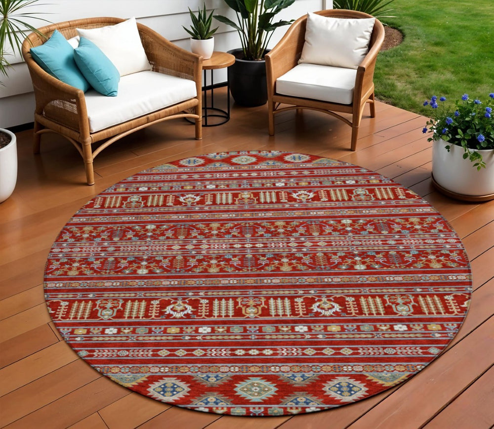 HomeRoots 8' Vibrant Red, Gold & Blue Round Tribal Area Rug - Washable, Indoor/Outdoor, Stain-Resistant Style 640066