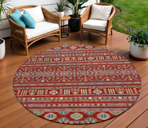 HomeRoots 8' Vibrant Red, Gold & Blue Round Tribal Area Rug - Washable, Indoor/Outdoor, Stain-Resistant Style 640066