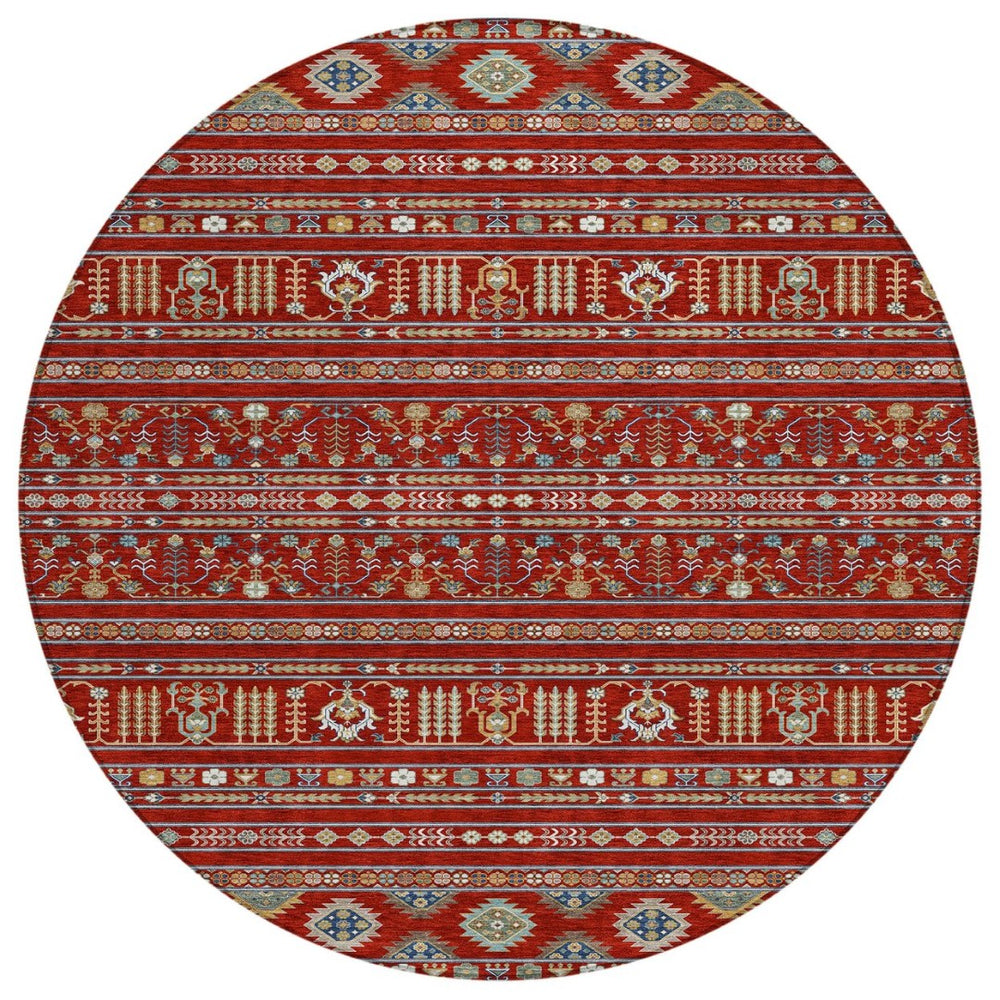 HomeRoots 8' Vibrant Red, Gold & Blue Round Tribal Area Rug - Washable, Indoor/Outdoor, Stain-Resistant Style 640066