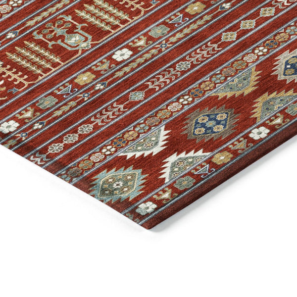 HomeRoots 8' Vibrant Red, Gold & Blue Round Tribal Area Rug - Washable, Indoor/Outdoor, Stain-Resistant Style 640066