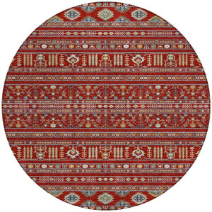 HomeRoots 8' Vibrant Red, Gold & Blue Round Tribal Area Rug - Washable, Indoor/Outdoor, Stain-Resistant Style 640066
