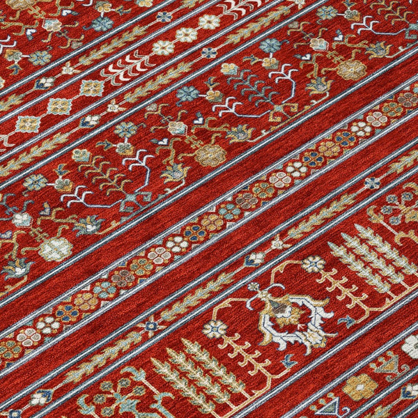HomeRoots 8' Vibrant Red, Gold & Blue Round Tribal Area Rug - Washable, Indoor/Outdoor, Stain-Resistant Style 640066