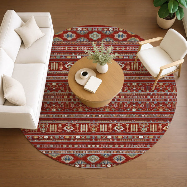 HomeRoots 8' Vibrant Red, Gold & Blue Round Tribal Area Rug - Washable, Indoor/Outdoor, Stain-Resistant Style 640066
