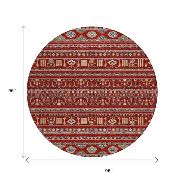HomeRoots 8' Vibrant Red, Gold & Blue Round Tribal Area Rug - Washable, Indoor/Outdoor, Stain-Resistant Style 640066