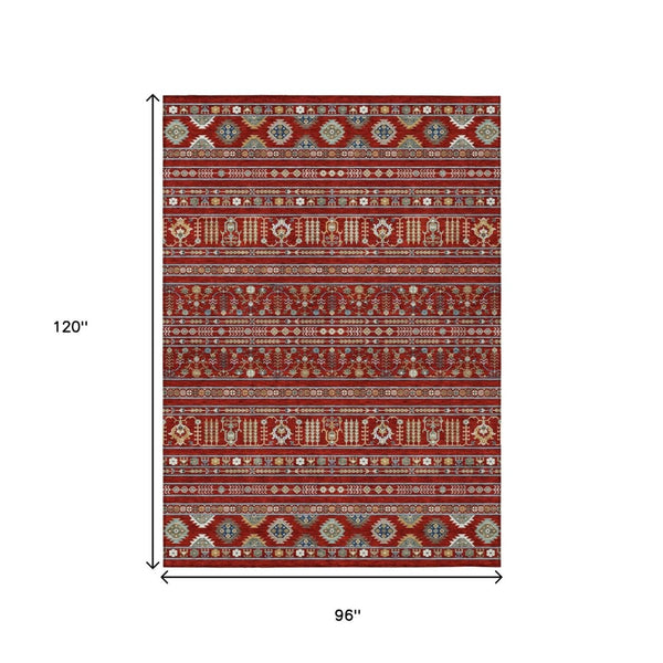 HomeRoots 8' X 10' Vibrant Red, Gold & Blue Tribal Washable Area Rug for Indoor & Outdoor Spaces, Durable Design 640067