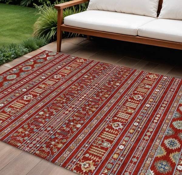 HomeRoots 8' X 10' Vibrant Red, Gold & Blue Tribal Washable Area Rug for Indoor & Outdoor Spaces, Durable Design 640067