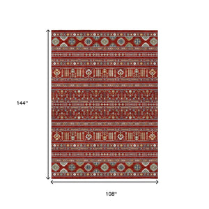 HomeRoots 9' X 12' Vibrant Red Gold Blue Tribal Washable Rug – Stylish, Durable, Indoor & Outdoor Versatility! 640068