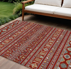 HomeRoots 9' X 12' Vibrant Red Gold Blue Tribal Washable Rug – Stylish, Durable, Indoor & Outdoor Versatility! 640068