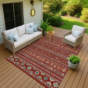 HomeRoots 10' Vibrant Red, Gold & Blue Tribal Washable Area Rug - Perfect for Indoor & Outdoor Spaces! 640069