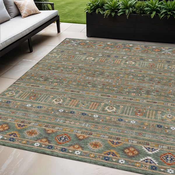 HomeRoots 5' X 8' Tribal Area Rug in Sage, Gold & Copper – Washable, Durable for Indoor & Outdoor Elegance! 640071