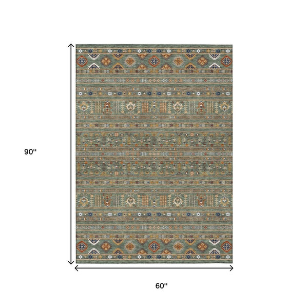 HomeRoots 5' X 8' Tribal Area Rug in Sage, Gold & Copper – Washable, Durable for Indoor & Outdoor Elegance! 640071